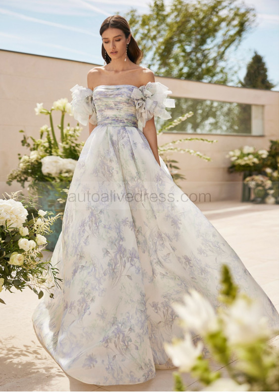 Lavender Strapless Pleated Printed Organza Romantic Wedding Dress